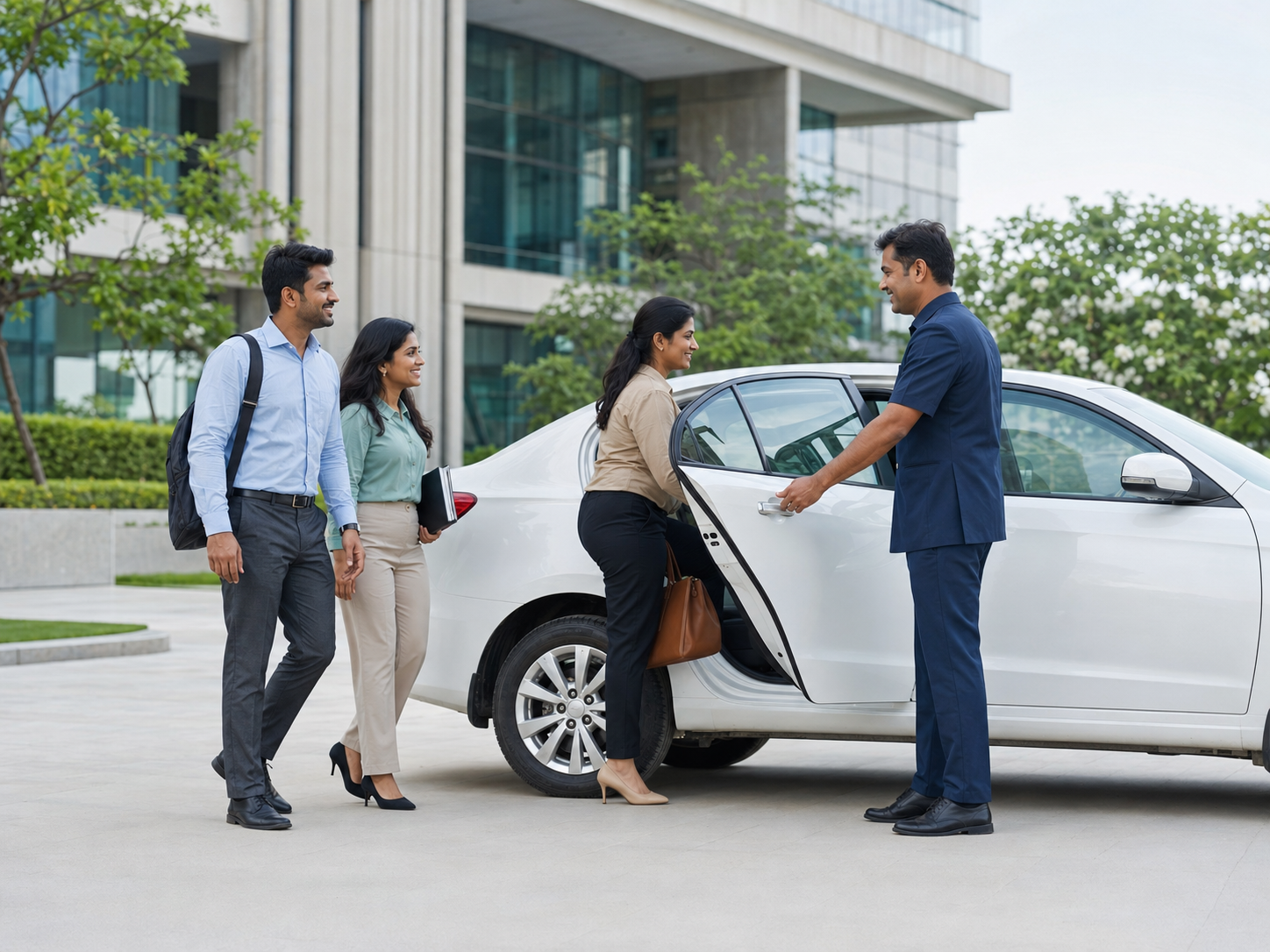 Corporate employees boarding a professionally operated sedan